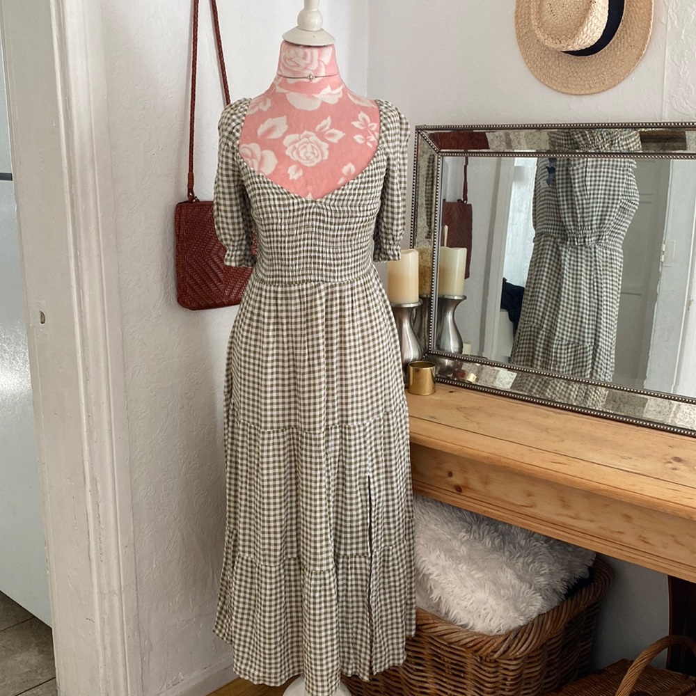 New Abercrombie & Fitch Gingham Olive Green Puff sleeve Midi Dress Size M
